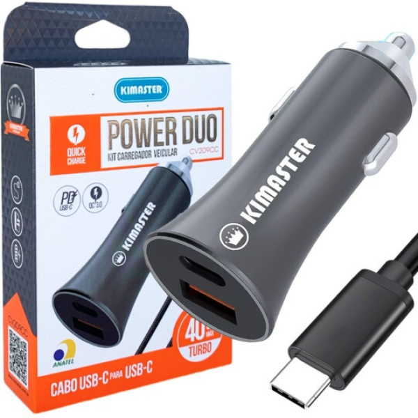 KIT CARREGADOR VEICULAR  POWER DUO 40W QC 3.0 + PD + CABO USB-C/USB-C CV209CC