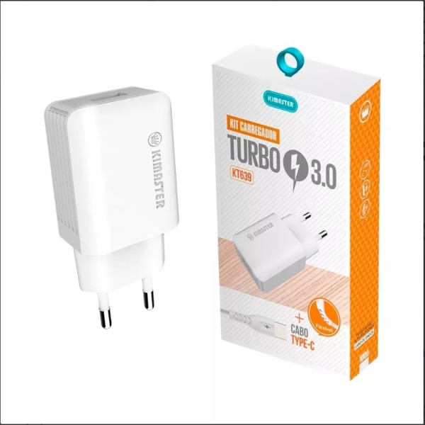 KIT CARREGADOR TURBO + CABO  TYPE-C 3A KT639B KIMASTER