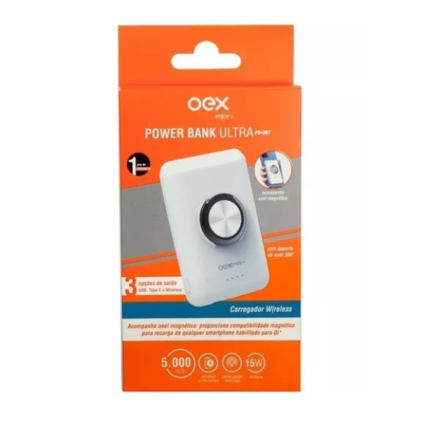 POWER BANK ULTRA BR OEX 15W WIRELESS  5000MAH ULR. RAPIDO  + ANEL  MAGNETICO ENT USB,TYPE C  BOT. ON/OFF PB307
